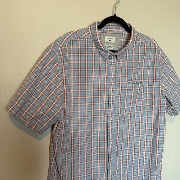 Quiksilver Shortsleeve Plaid Blue Button Up Mens XL Tropical Pocket Surfing EUC - Picture 5 of 11